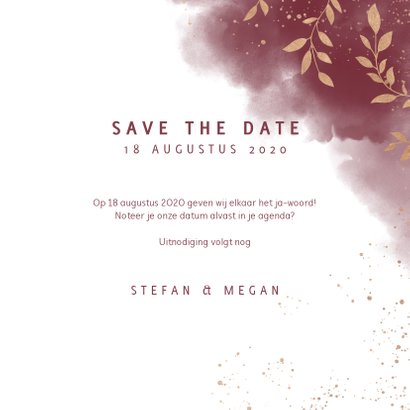 Stijlvolle save the date kaart, rode waterverf en plantjes 3