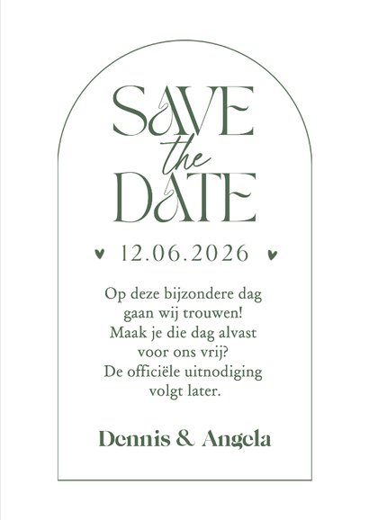Stijlvolle save the date trouwkaart grafisch olijfgroen 3