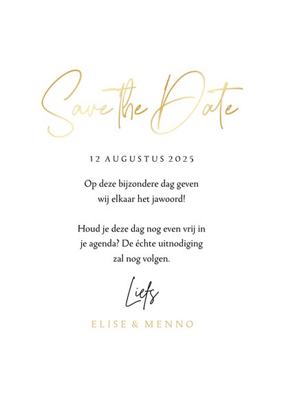 Stijlvolle Save the Date trouwkaart met gouden hartjes 3