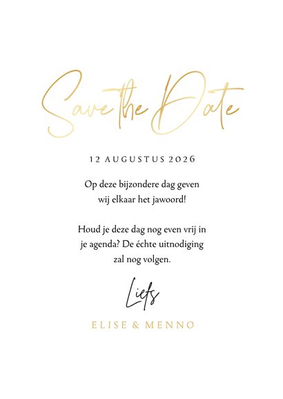Stijlvolle Save the Date trouwkaart met gouden hartjes 3