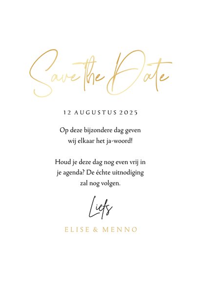 Stijlvolle Save the Date trouwkaart met gouden hartjes 3