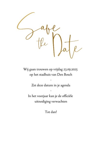 Stijlvolle save the datekaart met goudlook tekst en foto 3