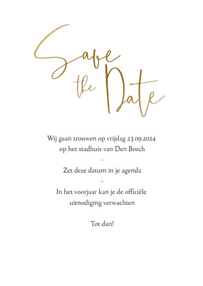 Stijlvolle save the datekaart met goudlook tekst en foto 3