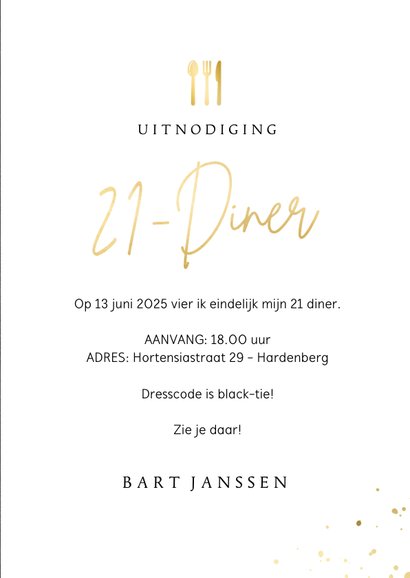 Stijlvolle stoere 21 diner uitnodiging voor een man 3