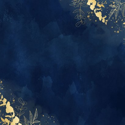 Stijlvolle trouwkaart blauwe waterverf gouden eucalyptus Achterkant
