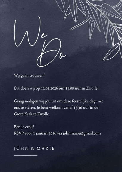 Stijlvolle trouwkaart donkerblauw waterverf en zilver takken 3