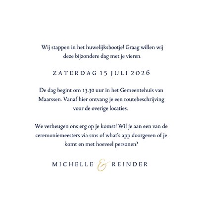 Stijlvolle trouwkaart lijntekening goud verliefd bruidspaar 3