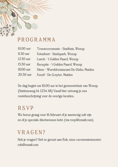 Stijlvolle trouwkaart met bohemian waterverf droogbloemen 2