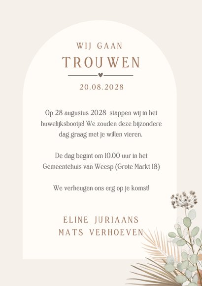 Stijlvolle trouwkaart met bohemian waterverf droogbloemen 3