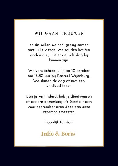 Stijlvolle trouwkaart met gekleurde bloemen en gouden tekst 3