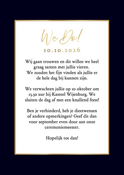 Stijlvolle trouwkaart met gekleurde bloemen en gouden tekst 3