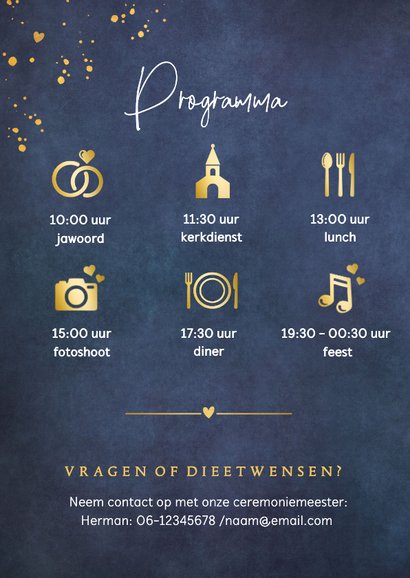 Stijlvolle trouwkaart met gouden bruidspaar silhouet 2