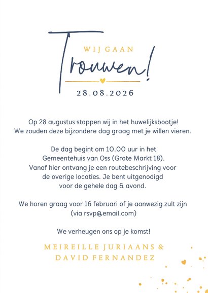 Stijlvolle trouwkaart met gouden bruidspaar silhouet 3
