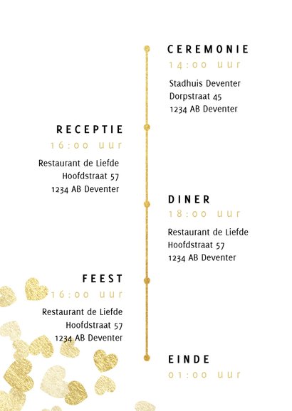 Stijlvolle trouwkaart met gouden hartjes typografie en foto 2