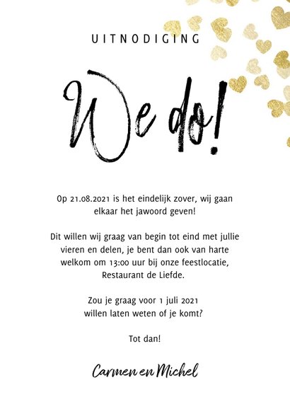 Stijlvolle trouwkaart met gouden hartjes typografie en foto 3