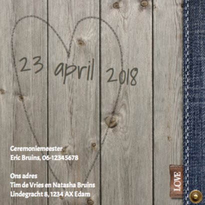 Stijlvolle trouwkaart met hout en jeans design 2