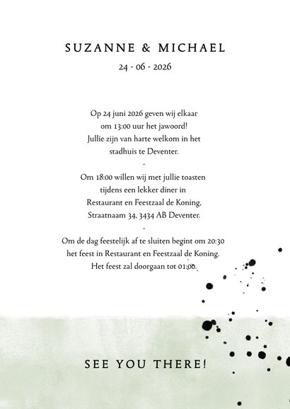 Stijlvolle trouwkaart met typografie, waterverf en spetters 3
