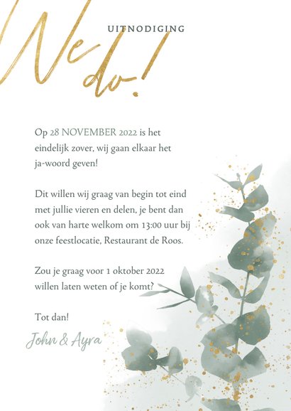Stijlvolle trouwkaart met waterverf, takje & gouden spetters 3