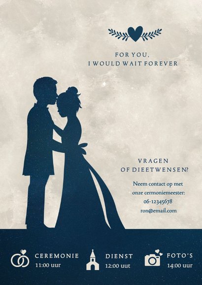 Stijlvolle trouwkaart nieuwe datum met silhouetje en maan 2
