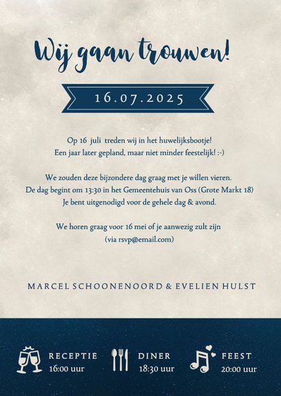 Stijlvolle trouwkaart nieuwe datum met silhouetje en maan 3
