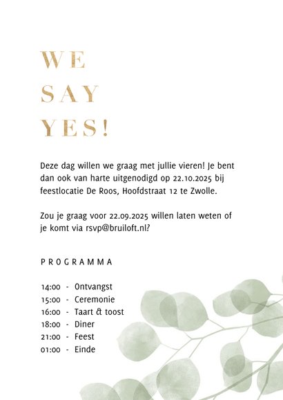 Stijlvolle trouwkaart waterverf eucalyptus gouden we say yes 3