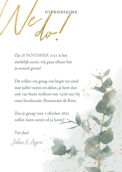 Stijlvolle trouwkaart waterverf, plantjes & gouden spetters 3