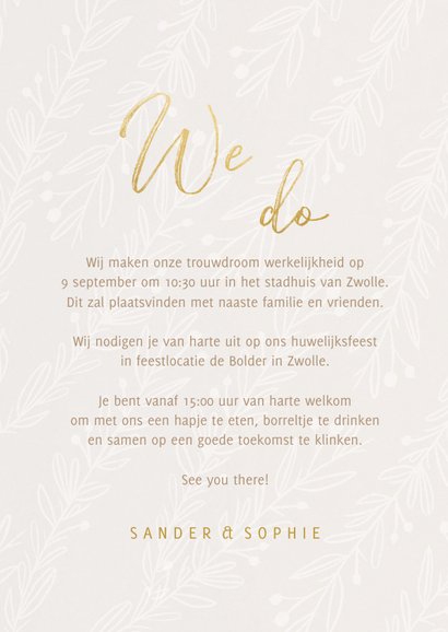 Stijlvolle trouwkaart We Do goudlook tekst naturel takjes 3