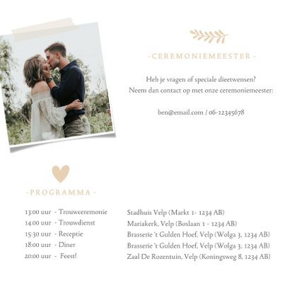 Stijlvolle trouwkaart wit met grote eigen foto en namen 2