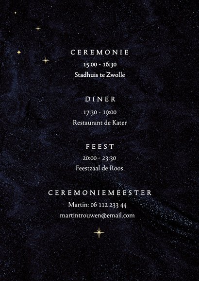 Stijlvolle trouwkaarten blauw fluweel met gouden sterretjes 2