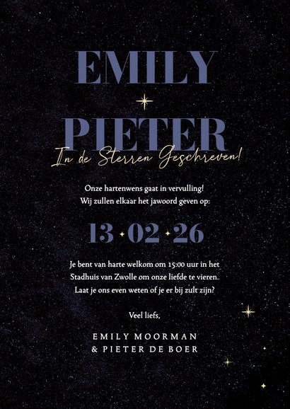 Stijlvolle trouwkaarten blauw fluweel met gouden sterretjes 3