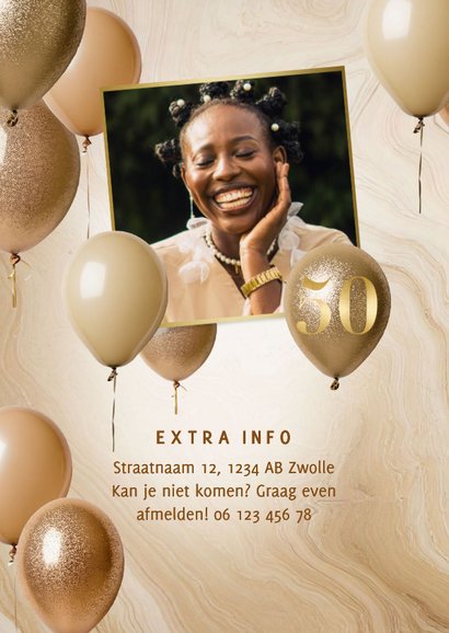 Stijlvolle uitnodiging 50 jaar verjaardag ballonnen & marmer 2