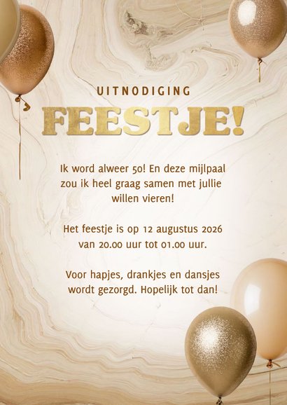 Stijlvolle uitnodiging 50 jaar verjaardag ballonnen & marmer 3