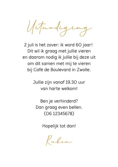 Stijlvolle uitnodiging 60 jarige verjaardag goud modern foto 3