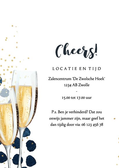 Stijlvolle uitnodiging afscheidsborrel champagneglazen goud 2