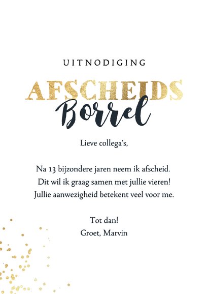 Stijlvolle uitnodiging afscheidsborrel champagneglazen goud 3