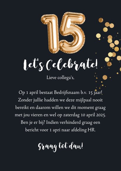 Stijlvolle uitnodiging bedrijfsfeest 15 jaar ballon goud 3