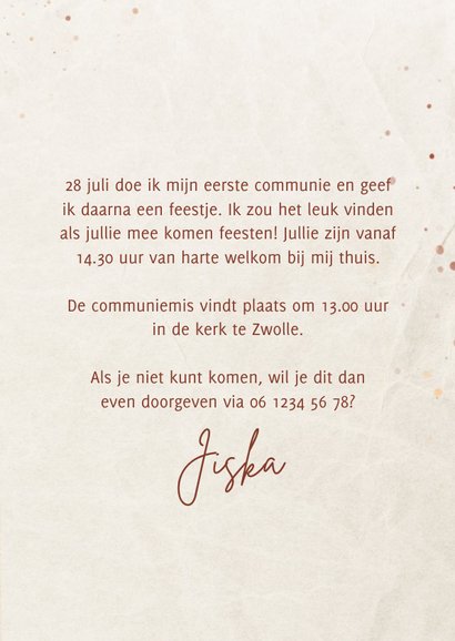 Stijlvolle uitnodiging communie met waterverf en koperfolie 3