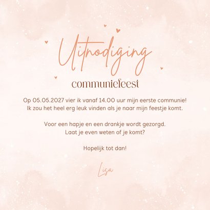 Stijlvolle uitnodiging communie waterverf hartjes zalmroze 3