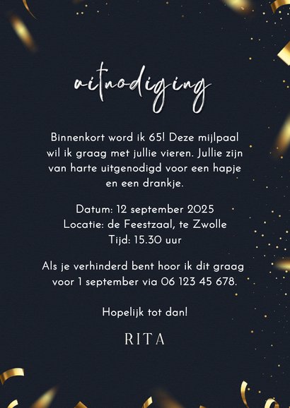 Stijlvolle uitnodiging confetti goud cheers to 65 years 3