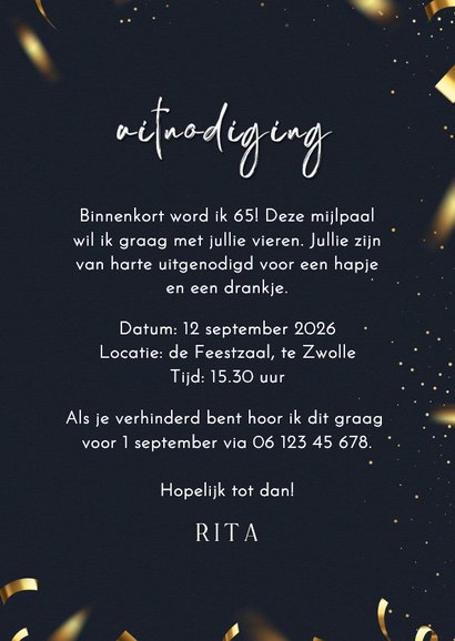 Stijlvolle uitnodiging confetti goud cheers to 65 years 3