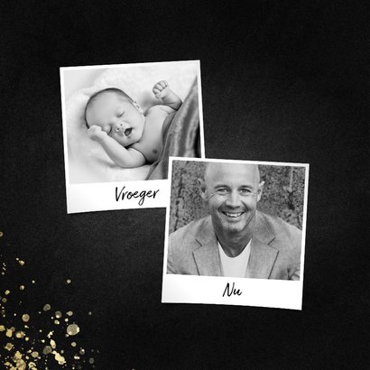 Stijlvolle uitnodiging feestje goud met spetters krijtbord 2