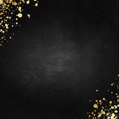 Stijlvolle uitnodiging feestje goud met spetters krijtbord Achterkant
