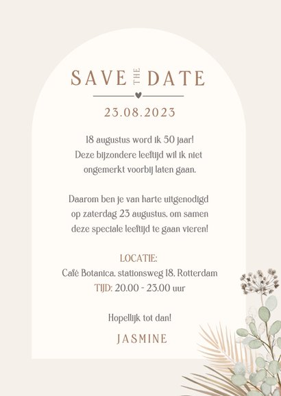 Stijlvolle uitnodiging feestje met droogbloemen en kalender 3