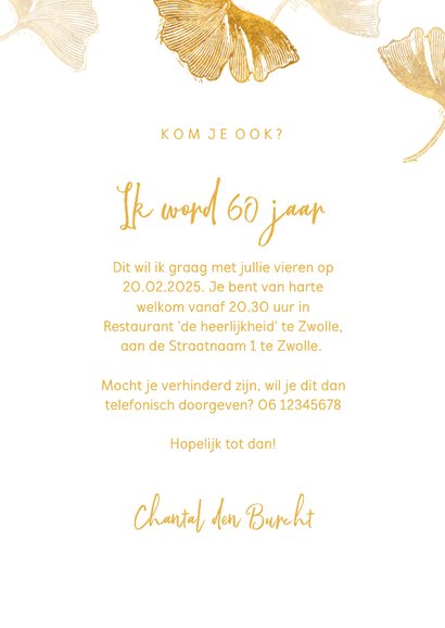 Stijlvolle uitnodiging gouden ginkgoblad op wit 3