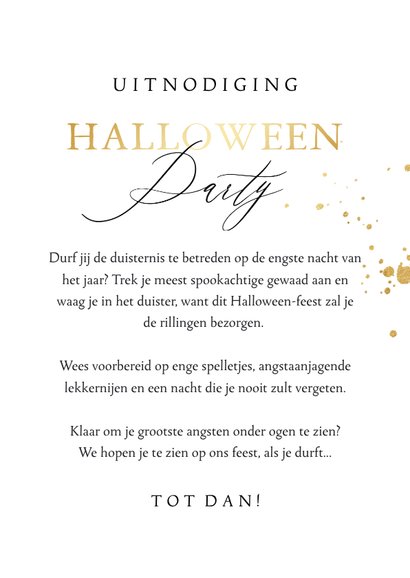 Stijlvolle uitnodiging halloweenfeest pompoen skelet goud 3