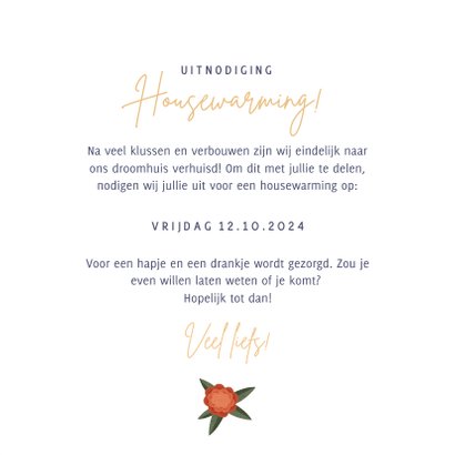 Stijlvolle uitnodiging housewarming met huisje en bloemen 3