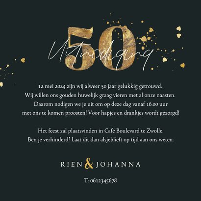 Stijlvolle uitnodiging jubileum 50 jaar goud getal hartjes 3
