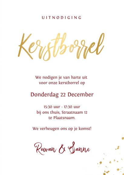 Stijlvolle uitnodiging kerstborrel warmrood met goudlook 3