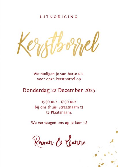 Stijlvolle uitnodiging kerstborrel warmrood met goudlook 3