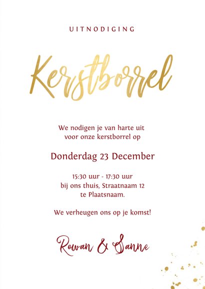 Stijlvolle uitnodiging kerstborrel warmrood met goudlook 3